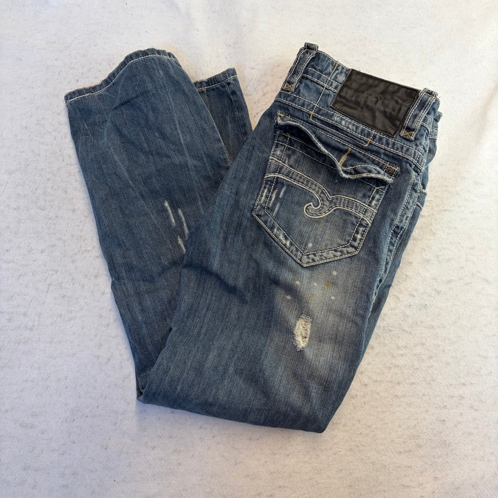 Urban Behavior Straight Jeans Mens 32x32 Blue Distressed Thick Stitch Denim